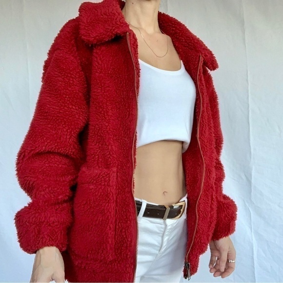 Garage red Sherpa Teddy jacket size XS-S polar fleece doudoune - Picture 1 of 15